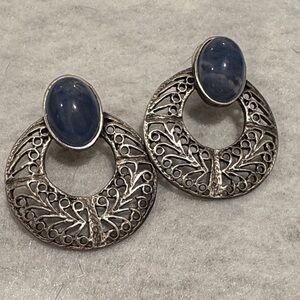 Vintage Silver Tapestry Earrings  with Slate Blue Gray oval top pierced New